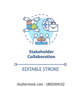 Stakeholder collaboration concept icon. Teamwork for project. Networking and partnership. Corporate cooperation idea thin line illustration. Vector isolated outline RGB color drawing. Editable stroke