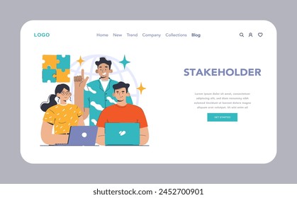 Stakeholder concept. Diverse team collaborates on a project, combining puzzle pieces and brainstorming over laptops. Strategic partnership and group synergy. Flat vector illustration