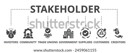 Stakeholder concept icon illustration contain investors, community, trade unions, government, suppliers, customers and creditors.