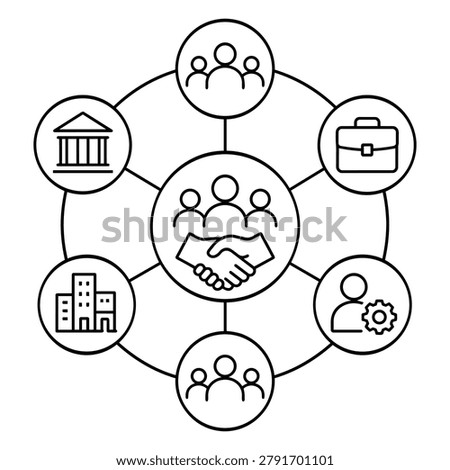 Stakeholder ecosystem icon with handshake center and surrounding institution, briefcase, group, and gear symbols vector illustration