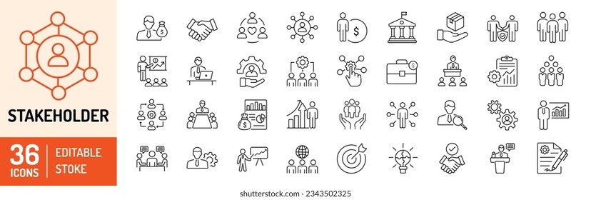 Stakeholder editable stroke icons set. Business, teamwork, trade unions, suppliers, government, customers, creditors, community, investors and partners. Vector illustration