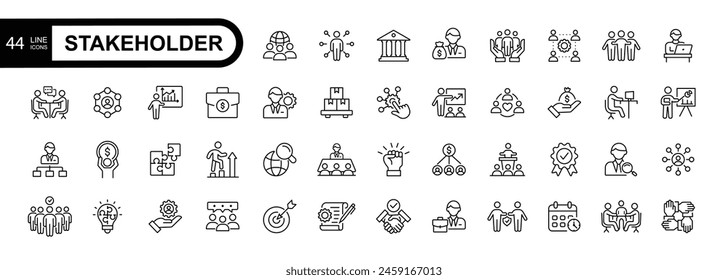 Stakeholder editable stroke icons set.  Business, partner, shareholder, investor, supporter vector illustrations.