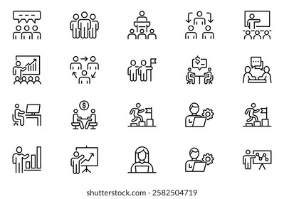 Stakeholder editable stroke icons set. Business, partner, shareholder, investor, supporter vector illustrations.