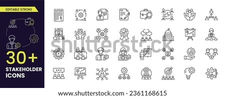 Stakeholder editable stroke icons set. Business, teamwork, trade unions, suppliers, Manager, leader, Head, government, customers, community, investors and partners. Icon collections