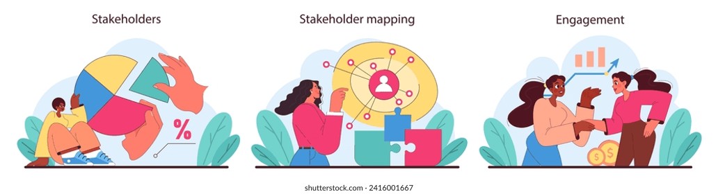 Stakeholder engagement set. Illustrating dynamic interactions, strategic mapping, and active participation within a business context. Enhancing corporate relations. Flat vector illustration.