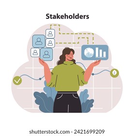 Stakeholder engagement in sustainability. Balancing interests for environmental progress. Strategic partnerships visualized. Flat vector illustration.