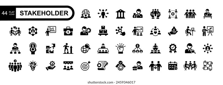  Stakeholder flat icons set. Business, partner, shareholder, investor, supporter vector illustrations.