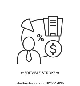 Icono de la parte interesada. Empresario con acciones, participaciones, porcentaje del ingreso de dinero a la compañía. Persona que tiene inversión en relaciones públicas. Concepto de interés financiero. Ilustración vectorial aislada. Trazo editable 