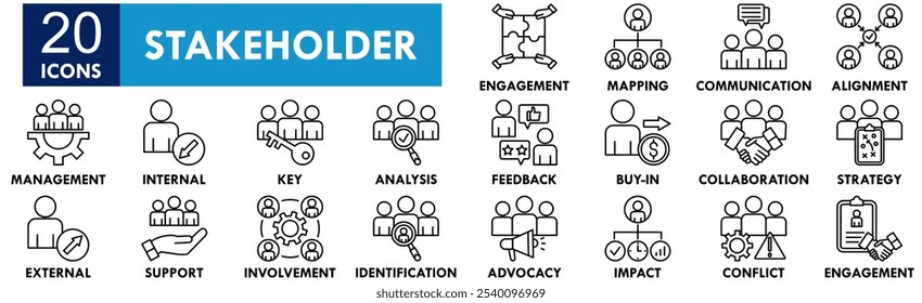 Conjunto de colecciones de iconos de partes interesadas. Diseño de negocios, colaboración, gestión, trabajo en equipo, estrategia