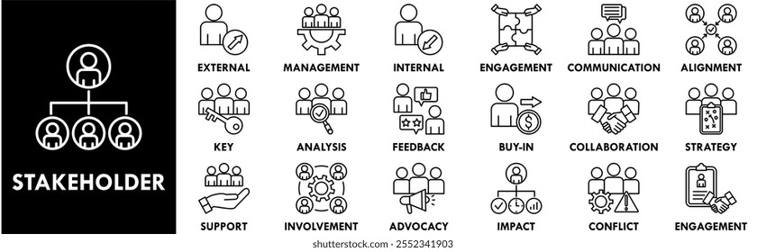 Conjunto de colecciones de iconos de partes interesadas. Diseño de negocios, colaboración, gestión, trabajo en equipo, estrategia