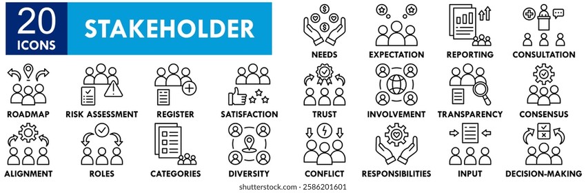 Stakeholder icon collection set. Containing design business, collaboration, teamwork, management, communication