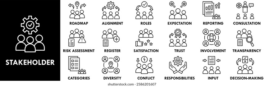 Stakeholder icon collection set. Containing design business, collaboration, teamwork, management, communication