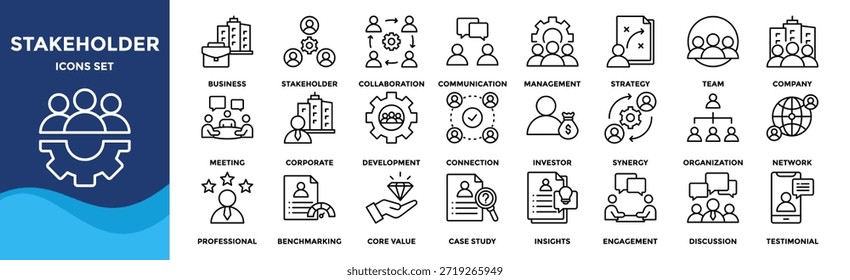 Conjunto de iconos de partes interesadas colección. un paquete de iconos contiene Negocios, partes interesadas, Colaboración, Comunicación, Administración