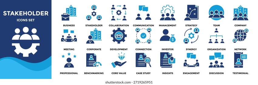 Conjunto de iconos de partes interesadas colección. un paquete de iconos contiene Negocios, partes interesadas, Colaboración, Comunicación, Administración