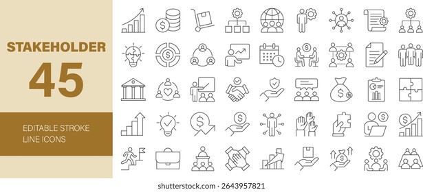 Conjunto de ícones de partes interessadas. Contendo corporação, investidor, funcionário, fornecedor, governo, comunidade, acionista, negócios e muito mais. Ícones de linha editáveis. Ilustração vetorial.