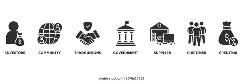 Symbol-Set-Illustrationskonzept für Stakeholder mit Symbol für Investoren, Gemeinde, Gewerkschaften, Regierung, Lieferant, Kunde, Gläubiger