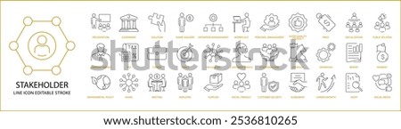 Stakeholder Icon Set In Line Style. Containing collaborate, building, partner, shareholder, businessman, negotiation, plan, together, investors, stakeholders, etc. Vector Illustration.