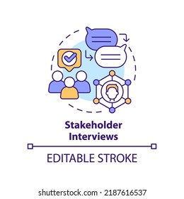 Stakeholder Interviews Concept Icon. Communication. Research For Content Design Abstract Idea Thin Line Illustration. Isolated Outline Drawing. Editable Stroke. Arial, Myriad Pro-Bold Fonts Used