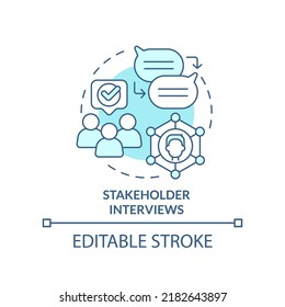 Stakeholder Interviews Turquoise Concept Icon. Research For Content Design Abstract Idea Thin Line Illustration. Isolated Outline Drawing. Editable Stroke. Arial, Myriad Pro-Bold Fonts Used