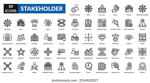 Stakeholder line icon collection set. Includes collaboration, partnership, influence, engagement, responsibility, expectation, feedback, impact, alignment, network, negotiation, leadership, community