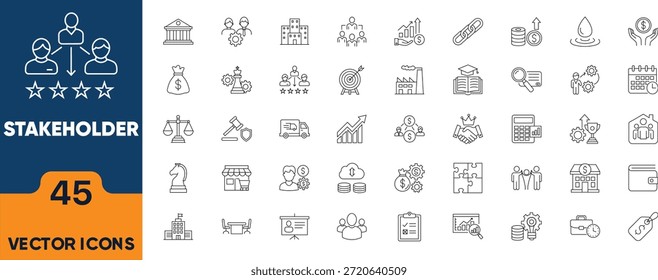 Conjunto de iconos de línea de partes interesadas. Iconos editables de proveedores, compromiso, acreedores, coordinación, socios, corporaciones y más. Ilustración vectorial.