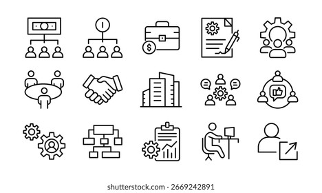 Conjunto de iconos lineales de las partes interesadas. Negocio, sociedad, equipo, colaboración, administración, liderazgo, inversores, empresa, grupo, estrategia, comunicación, paquete de iconos de Vector. Conjunto de diseño de interfaz de usuario de estilo de línea delgada