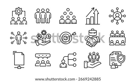 Stakeholder linear icon set. Business, partnership, team, collaboration, management, leadership, investors, company, group, strategy, communication, vector icon pack. Thin line style UI design set