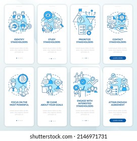 Stakeholder management, analysis blue onboarding mobile app screen set. Walkthrough 4 steps graphic instructions pages with linear concepts. UI, UX, GUI template. Myriad Pro-Bold, Regular fonts used