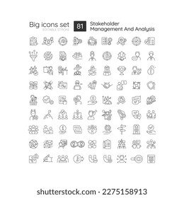 Stakeholder management and analysis linear icons set. Relationship development. Communication. Business strategy. Customizable thin line symbols. Isolated vector outline illustrations. Editable stroke