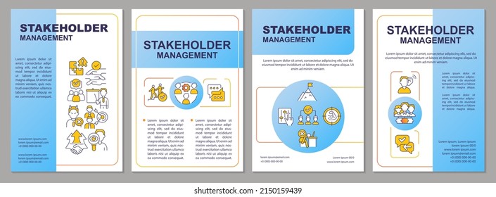 Stakeholder management blue brochure template. Effective cooperation. Leaflet design with linear icons. 4 vector layouts for presentation, annual reports. Arial-Black, Myriad Pro-Regular fonts used