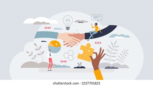 Stakeholder management and business partners agreement, deal or collaboration tiny person concept. Investors and company owner relationship control vector illustration. Evaluate financial information.