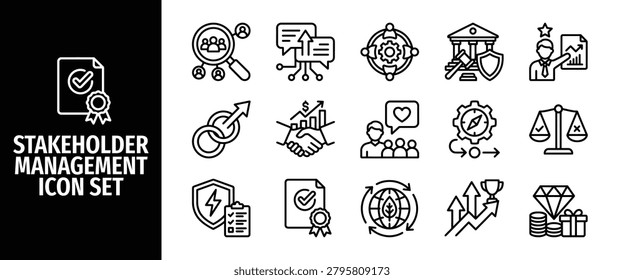 Stakeholder management icon set business and corporate communication, project planning, team collaboration, legal compliance, financial growth, and ethical decisionmaking vector icons