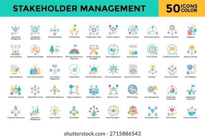 Symbol für Stakeholder-Management mit Erwartungsmanagement, Identifizierung von Stakeholdern, Netzwerkbildung, Vertrauensbildung, Tools für die Zusammenarbeit, Symbol für Entscheidungsunterstützung. Einfacher flacher Farbvektor 
