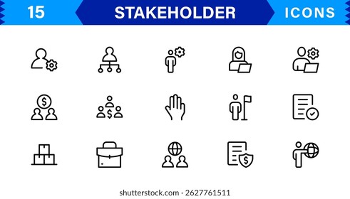 Stakeholder Management Icons for Business and Project Strategy. A professional collection of vector symbols representing roles, interests, and influence.