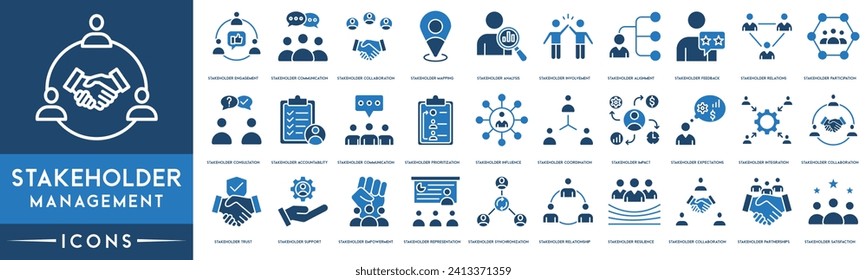 Stakeholder management Outline Icon Collection. Thin Line Stakeholder Engagement, Communication, Collaboration, Analysis, Feedback, Relations, Participation, Communication, Influence and Resilience