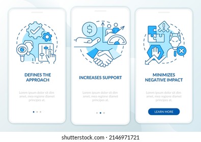 Stakeholder management plan blue onboarding mobile app screen. Walkthrough 3 steps graphic instructions pages with linear concepts. UI, UX, GUI template. Myriad Pro-Bold, Regular fonts used