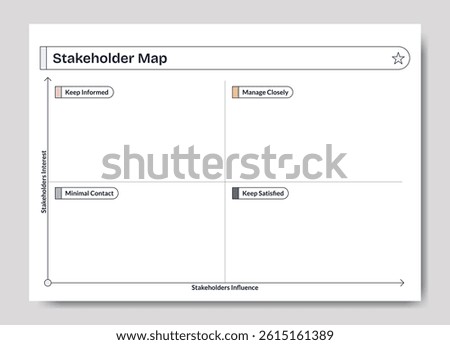 Stakeholder map diagram horizontal template. Infographics to help identify, analyze, and prioritize people related to project or initiative. Scalable A4 vector print.