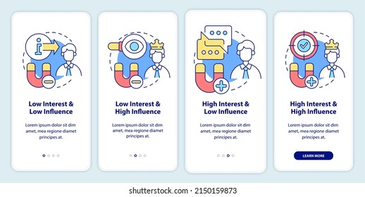 Stakeholder mapping onboarding mobile app screen. Visual analysis walkthrough 4 steps graphic instructions pages with linear concepts. UI, UX, GUI template. Myriad Pro-Bold, Regular fonts used