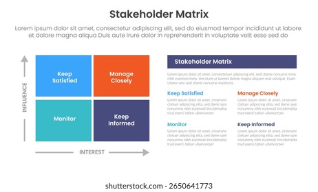 banner de modelo de infográfico com matriz de caixa quadrada e explicação de texto de descrição na coluna direita com para vetor de apresentação de slides
