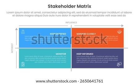 stakeholder matrix analysis infographic template banner with long model quadrant structure with arrow line direction for slide presentation vector