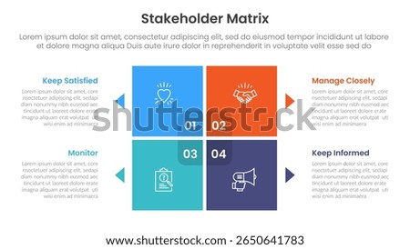 stakeholder matrix analysis infographic template banner with big square matrix quadrant on center with small arrow pointer for slide presentation vector