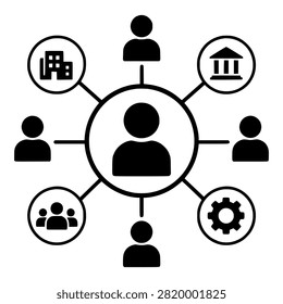 Stakeholder Network with Central Person Connected to Company, Government, Community and Operations, Black Silhouette for Corporate Governance and ESG Reporting