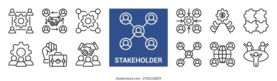 Colección de conjunto de iconos editable de esquema de partes interesadas. Contiene negocios, colaboración, trabajo en equipo, administración, inversores, socios, empleados y más. Trazo editable. Ilustración vectorial EPS 10