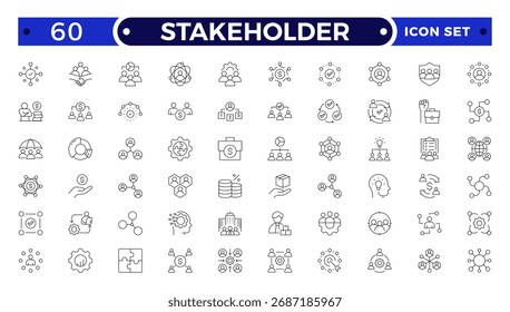 Conjunto de iconos de esquema de partes interesadas con símbolos de trabajo en equipo, liderazgo, comunicación y asociación. Perfecto para el diseño corporativo, colaboración, gestión e ilustraciones de recursos humanos.
