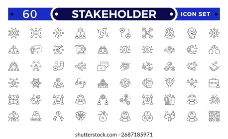 Conjunto de iconos de esquema de partes interesadas con símbolos de trabajo en equipo, liderazgo, comunicación y asociación. Perfecto para el diseño corporativo, colaboración, gestión e ilustraciones de recursos humanos.
