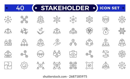 Stakeholder outline icon set featuring teamwork, leadership, communication, and partnership symbols. Perfect for corporate design, collaboration, management, and human resource illustrations.
