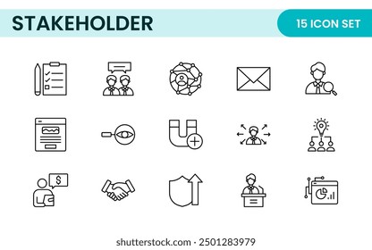 Stakeholder outline icons set. Business, teamwork, trade unions, suppliers, government, customers, creditors, community, investors and partners.