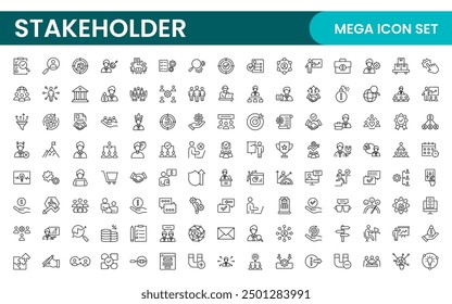 Stakeholder outline icons set. Business, teamwork, trade unions, suppliers, government, customers, creditors, community, investors and partners.
