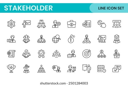 Stakeholder outline icons set. Business, teamwork, trade unions, suppliers, government, customers, creditors, community, investors and partners.