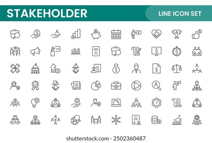 Stakeholder outline icons set. Business, teamwork, trade unions, suppliers, government, customers, creditors, community, investors and partners.